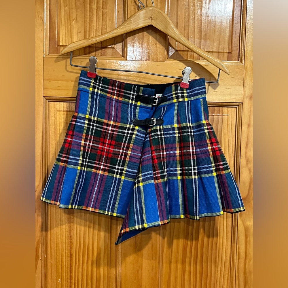 Girls Bonpoint Wool Linen Jupe Blue Plaid Mini Skirt with Buckle Detail Size 10